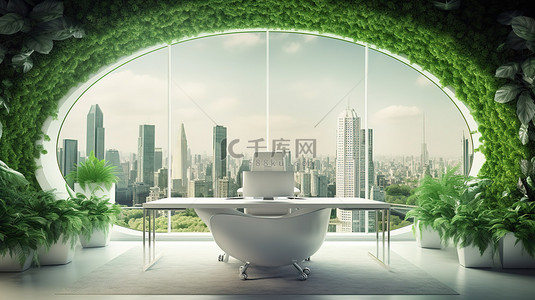 具有未来派室内设计的办公室的 3D 渲染，具有绿色墙壁植物和令人惊叹的城市景观