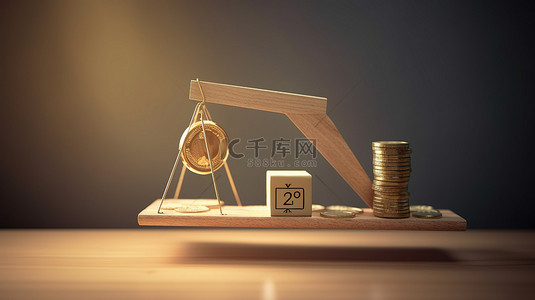 财务失衡金币和跷跷板上的木立方块代表收入和税收与 3D 渲染