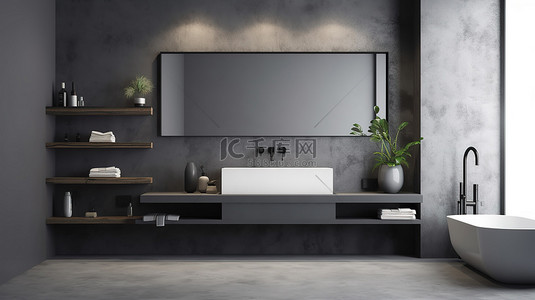 浴室背景图片_3D 渲染的现代浴室家具，配有时尚的壁镜白色水槽和灰色混凝土地板上的黑色装饰
