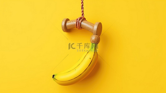 危险的黄色背景上的黄色香蕉和木制弹弓玩具武器 3D 插图