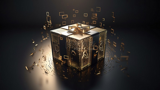在商业设计的礼物盒 3D 渲染概念中揭示文本奖励和豪华几何元素