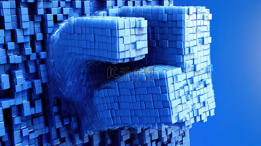 带有竖起大拇指符号的蓝色像素化块的超近距离 3D 渲染