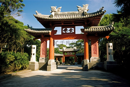 日本寺庙背景图片_日本亚洲花园大门的入口