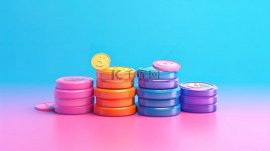 现金和硬币捆绑图标设置在蓝色和粉红色背景 3D 渲染上