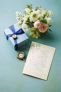 绿色表面上的一封信和鲜花旁边有一份礼物
