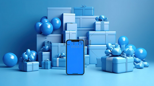 手机主题模板背景图片_3D 渲染蓝色主题手机，周围环绕着礼品盒模板