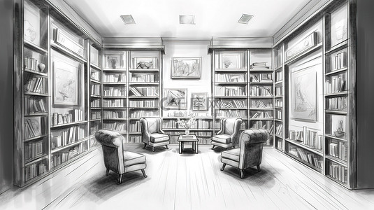 书房背景图片_图书馆内一间书房的内部草图，里面有空书架椅子和相框