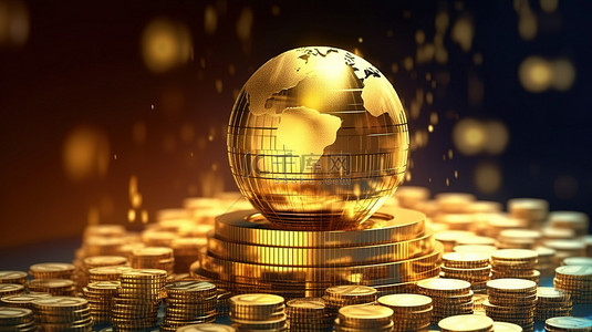 私人银行背景图片_全球金融业的财富创造 3D 渲染的金币堆叠在具有 NASA 元素的地球仪上的图像