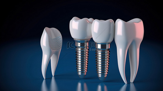 牙科牙医背景图片_蓝色背景下令人惊叹的 3D 渲染牙科植入物