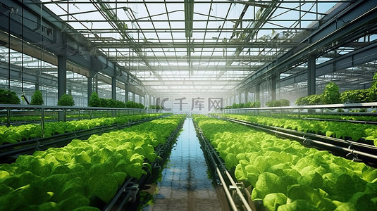 宽敞的工业温室的内部，在室内植物工厂中通过水培法种植新鲜健康的蔬菜，并进行 3D 渲染