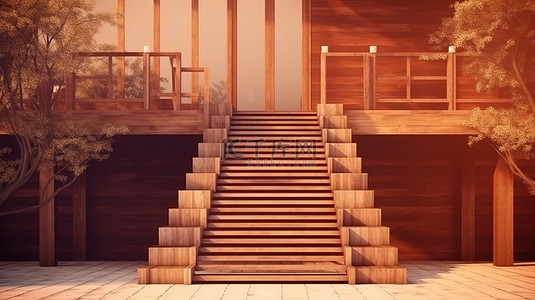 森林山顶背景图片_建筑概念的 3D 插图，包括一座木屋，带有可通过楼梯进入的悬挂露台