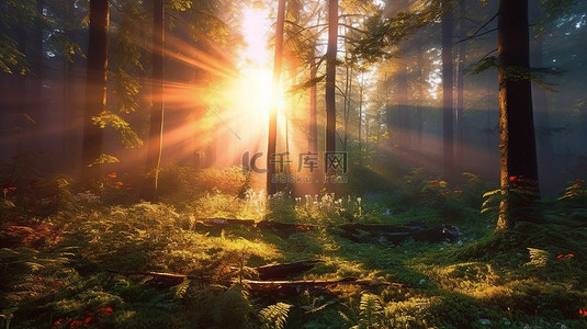 童话森林早晨的阳光透过雾气闪烁，照亮树叶 3D 渲染