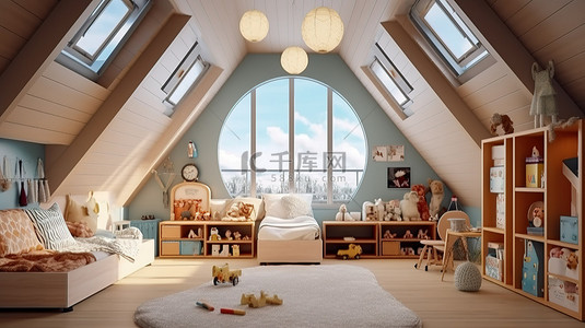 装饰艺术风格的儿童房，阁楼上有宽敞的全景窗户 3D 渲染