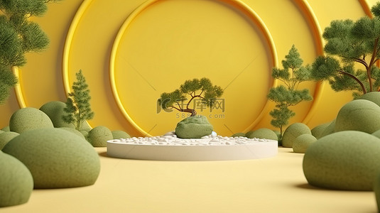 具有黄色和绿色抽象背景的 3D 渲染禅宗花园