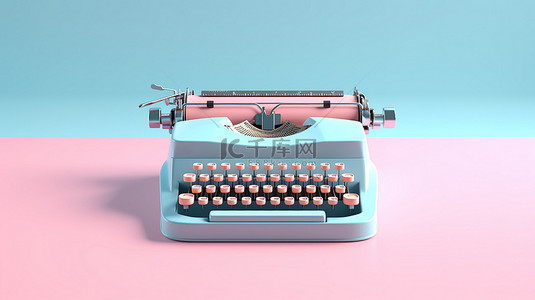 蓝色背景下双色调 3D 风格的复古粉色打字机