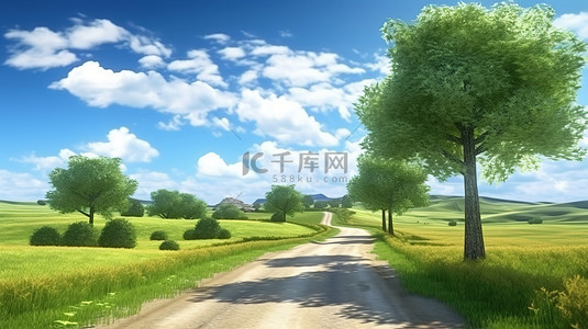 乡村小路背景图片_蛇形小路蜿蜒穿过郁郁葱葱的夏季树木，以 3D 渲染