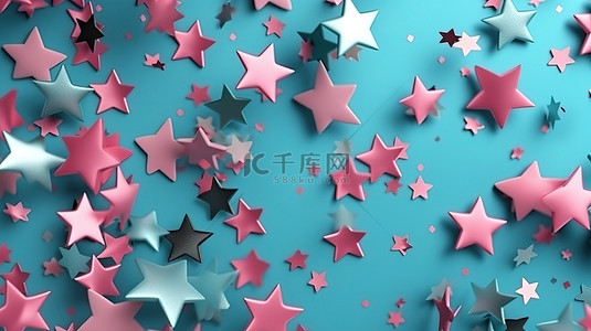 海报粉红背景图片_抽象 3D 粉色和银色星星，蓝色背景上有掉落的五彩纸屑，用于庆祝活动和派对装饰