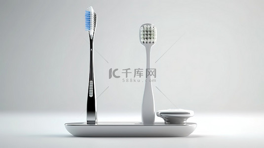 基本牙刷和高级电动牙刷，带充电座，白色刻度 3D 渲染