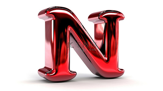 白色背景下大写字母 n 的闪亮金属字体，带有 3d 渲染的红色汽车油漆