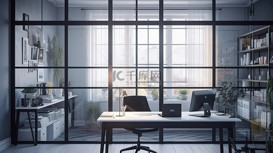 家庭办公空间的透视图，桌上摆放着电脑文具和装饰品，通过 3D 渲染的玻璃墙看到