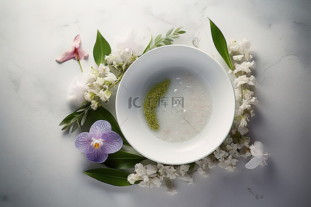 盘子背景图片_大盘子里放一碗香草花和水