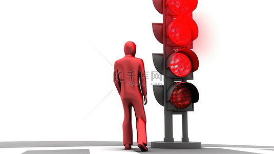 白色背景下手持红色交通灯的 3d 角色
