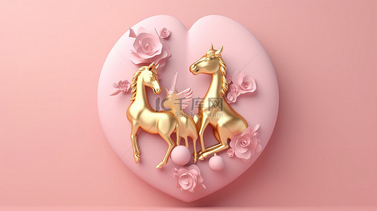 情人节的简约爱情现代 3D 渲染金心和可爱的独角兽粉红色圆圈背景
