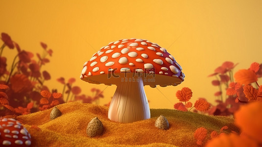 卡通森林元素背景图片_秋季主题 3D 渲染充满活力的橙色蘑菇在自然之美中