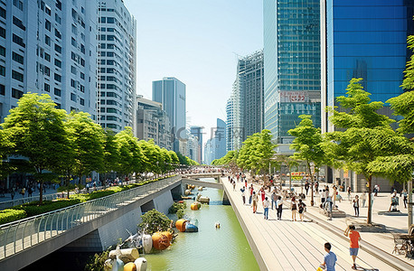 蚂蚁过河背景图片_一条城市街道，人们在装饰过的运河附近行走