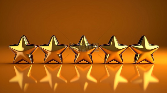 3D 渲染意见和营销调查概念五点反馈排名投票与橙色背景上的金色星星的插图
