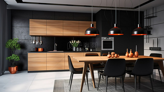 现代 3D 厨房设计，配有黑色陶瓷和灯光照明的木制家具