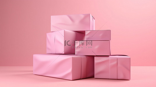 运输包装背景图片_粉红色背景中可爱的 3d 纸板包装