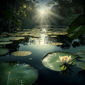 荷叶插画背景图片_荷花荷叶水流森林阳光下的河流自然背景