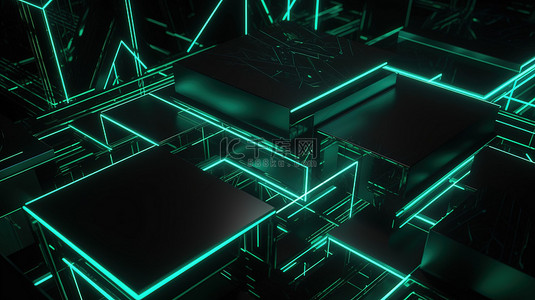 科幻插图霓虹灯发光的黑色和绿色抽象几何背景在 3D 渲染中