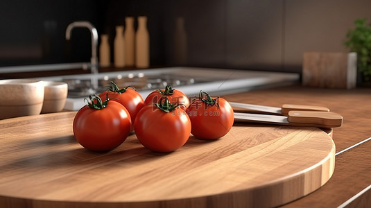 模糊的食物背景图片_厨房橱柜背景，3D 渲染的木质台面上有番茄和切菜板