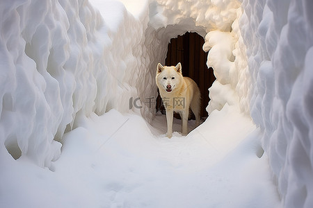 一只白狗站在雪隧道里