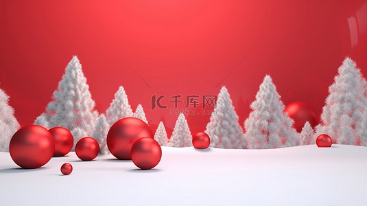 圣诞横幅 3D 插图圣诞树与红色装饰品