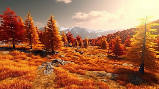 森林中的河流背景图片_山脉在火热的秋天色彩中发光 3D 插图捕捉了穿着黄色和橙色叶子的树木的美丽
