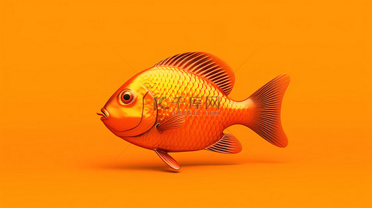 充满活力的橙色背景上单色鱼的 3D 渲染