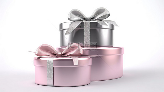 带粉色和银色丝带的白色背景礼物盒的 3D 渲染
