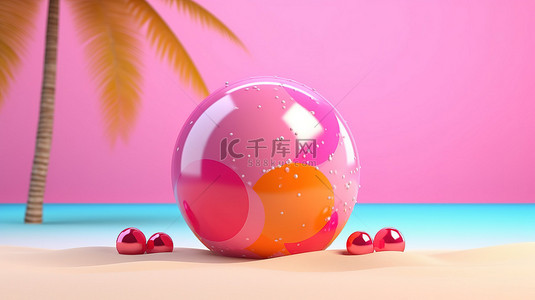 粉红色夏季背景下气球主题的充满活力的沙滩球玩具的 3D 渲染