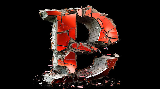 破碎和破碎的 p 字母字体的 3d 渲染