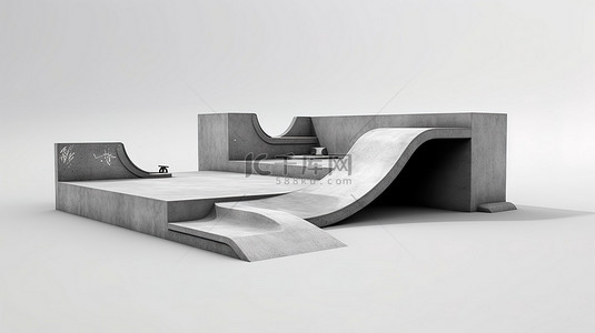 滑板公园背景图片_来自元素滑板公园的半坡道集合，在白色背景上隔离的 3D 插图中