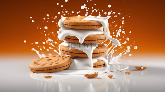 糖一包背景图片_牛奶溅到三明治饼干上饼干包装的 3D 插图