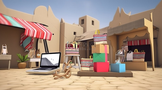 也门网上购物 3D 渲染满足您的社交媒体和网站需求