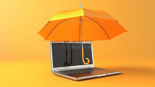 3d 插图橙色雨伞遮蔽笔记本电脑
