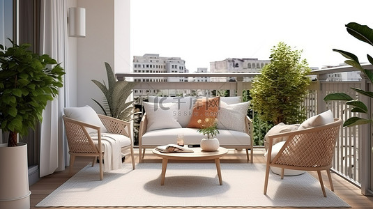 室外背景图片_经典斯堪的纳维亚阳台上的室外露台的 3D 渲染与室内设计