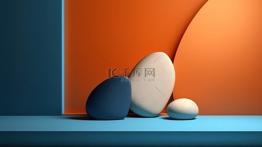 舞台背景图片_具有弯曲图形背景概念的蓝色和橙色石材产品的 3D 渲染