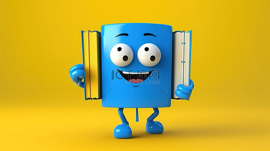 看电子书背景图片_蓝书吉祥物的 3D 渲染，在充满活力的黄色背景上带有蓝色健身追踪器