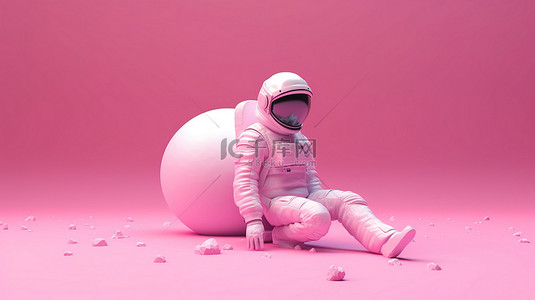 粉红色背景的宇航员坐在地面 3D 渲染上时持有粉红色气球